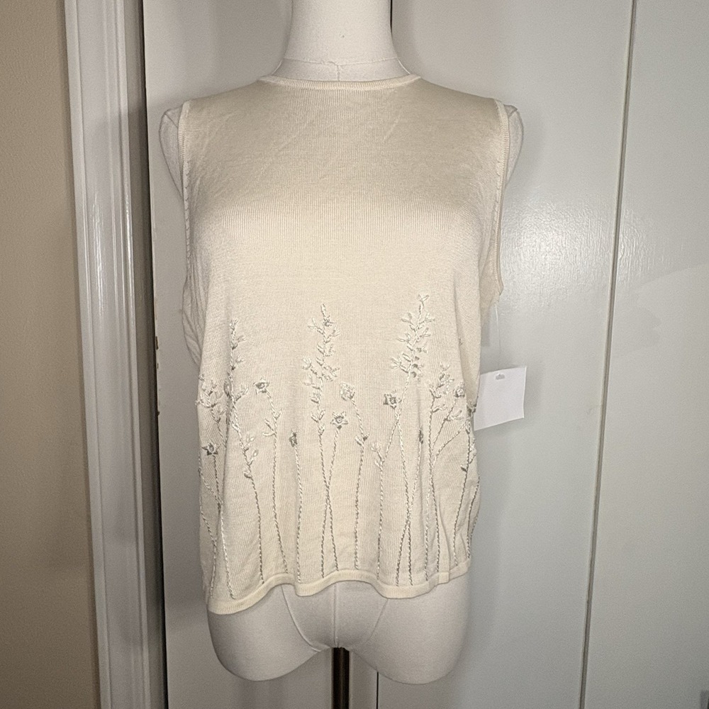 Valerie Stevens Silk Blend Top Women PL Cream Sleeveless Embroidered Beaded NWT